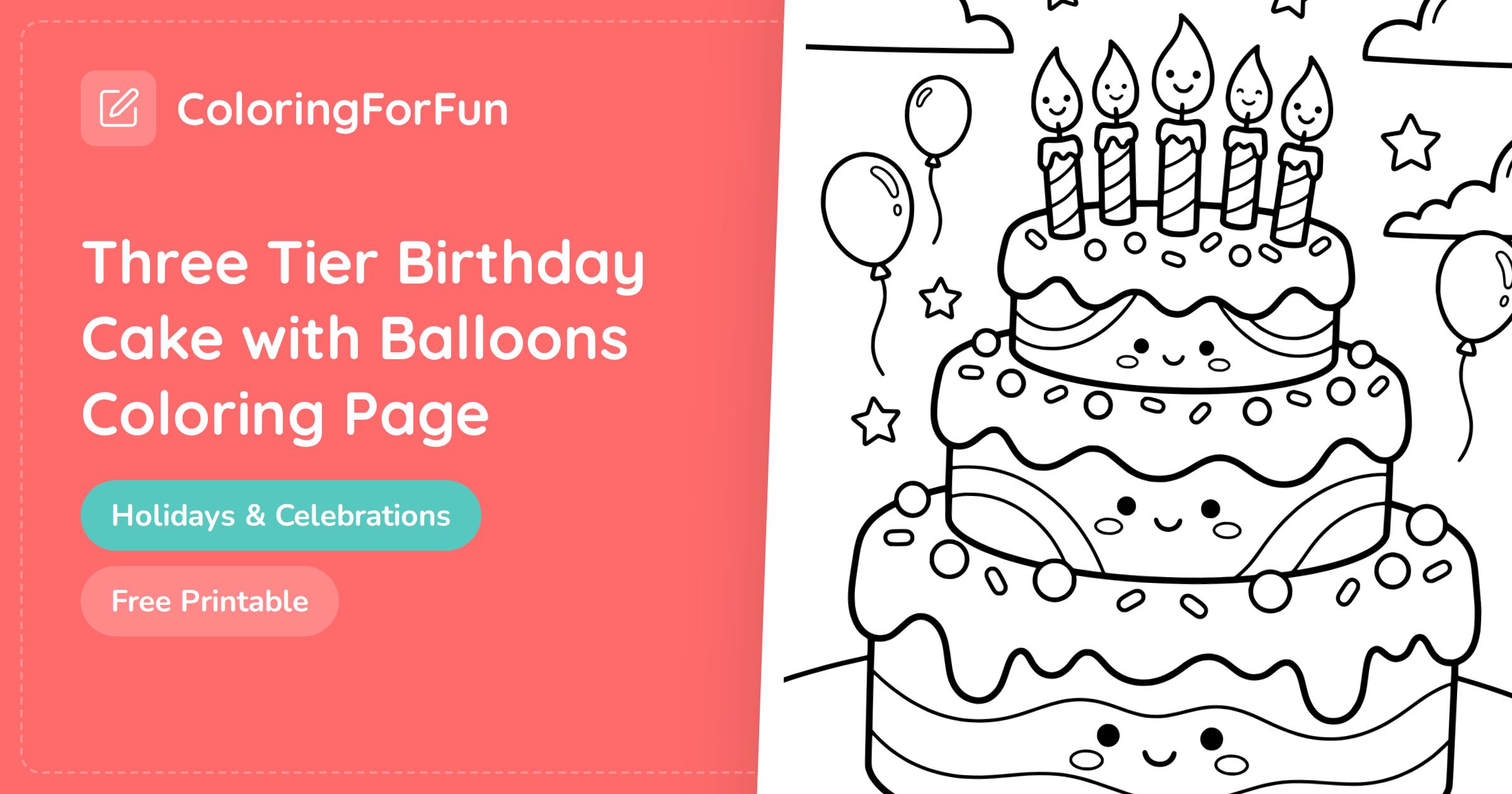 Birthday Cake with Balloons Coloring Page | ColoringForFun