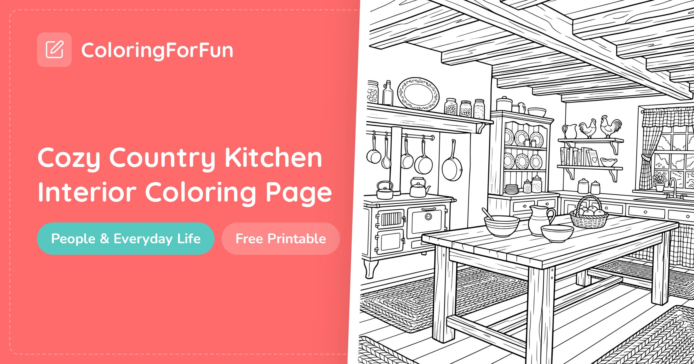 Cozy Country Kitchen Coloring Page | ColoringForFun