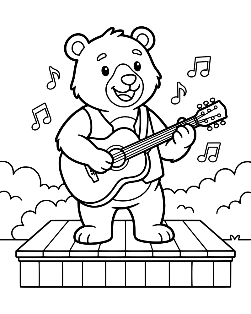 Cartoon bear playing an acoustic guitar on a wooden stage with musical notes and clouds.