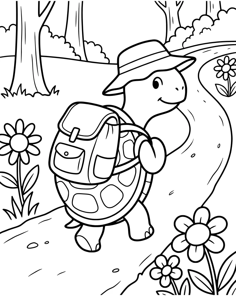 A cartoon turtle wearing a hat and backpack walking on a dirt path surrounded by flowers, bushes, and trees.