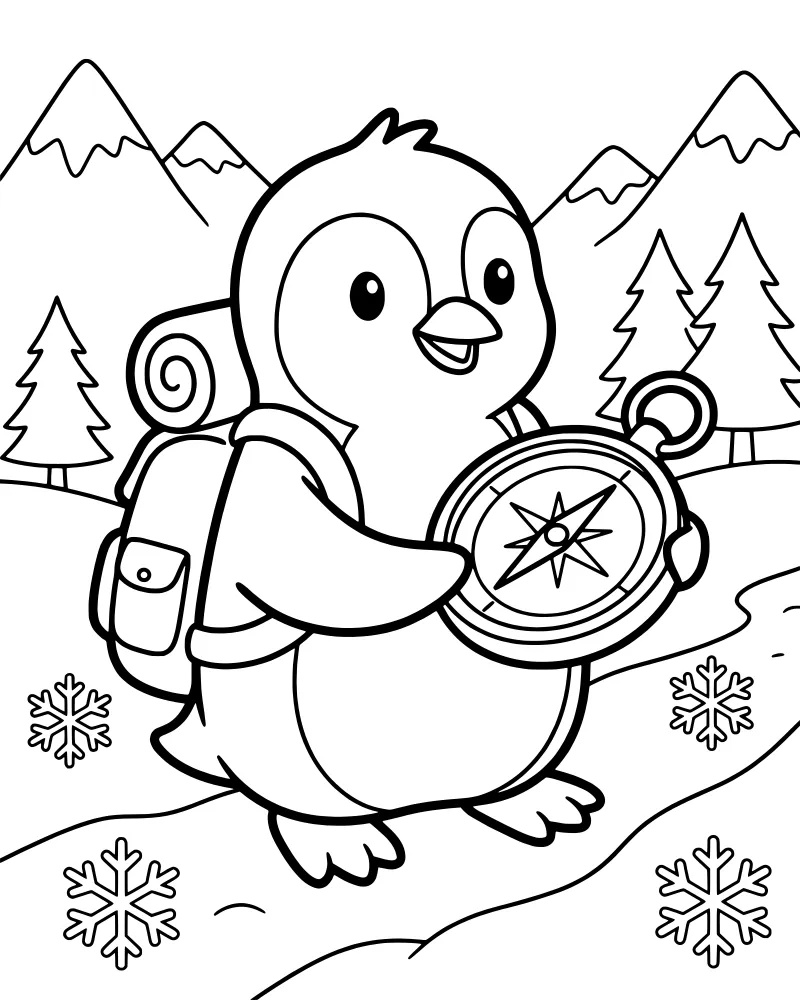 A cartoon penguin wearing a backpack and holding a compass while walking on a path through snowy mountains and pine trees.