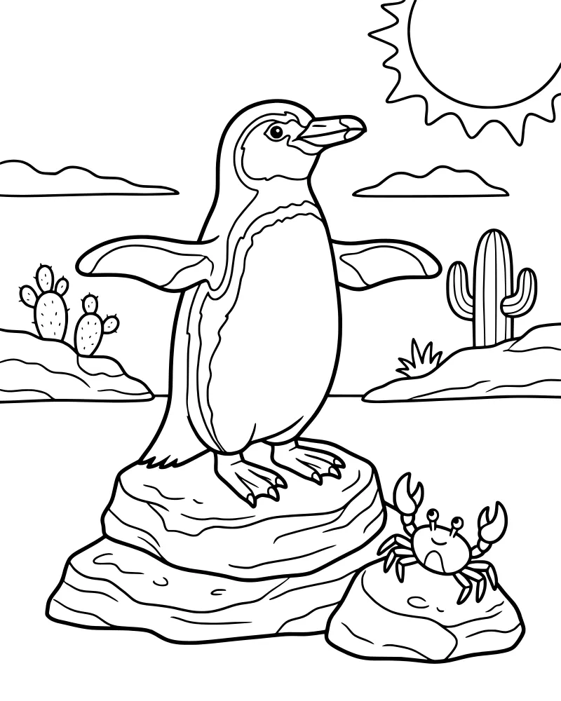 A cartoon penguin stands on a rock next to a small crab, surrounded by cacti under a bright sun and clouds in a desert.