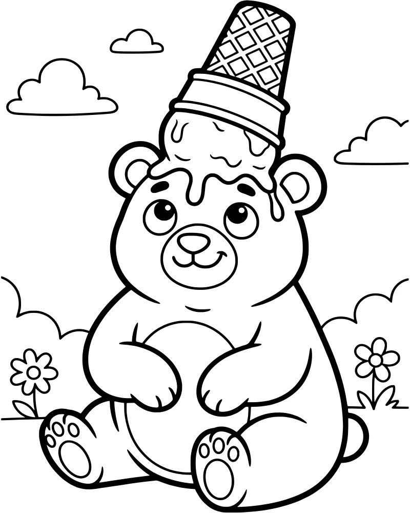 A cartoon bear sitting on grass with a melting ice cream cone on its head, surrounded by flowers and clouds.