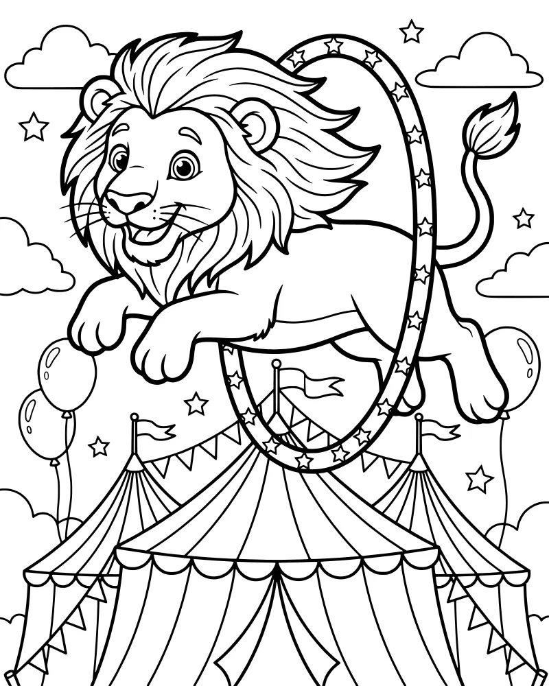 A cartoon lion leaping through a star-decorated hoop above a striped circus tent with balloons and clouds in the sky.