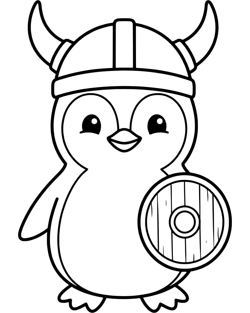 A cartoon penguin wearing a Viking helmet with horns and holding a circular wooden shield with metal rivets.