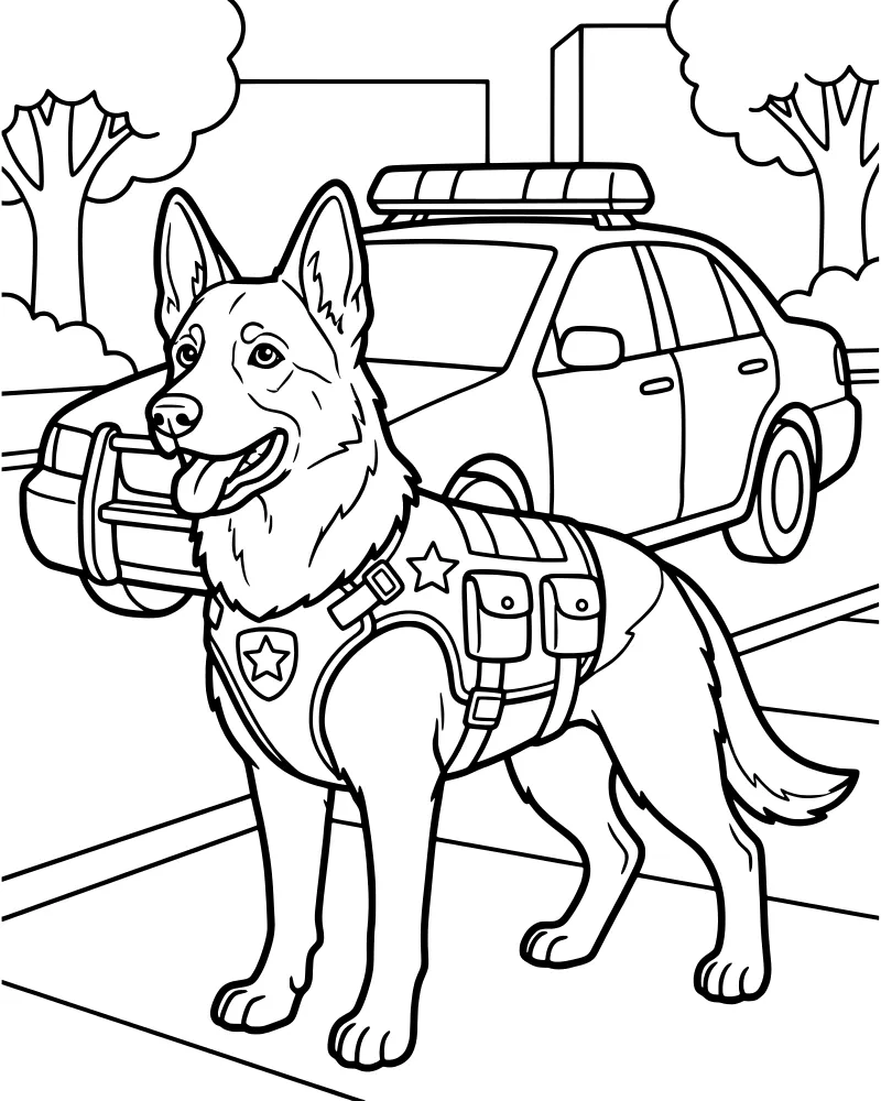 Cartoon German Shepherd police dog wearing a tactical vest with a badge standing on a city sidewalk next to a police car.
