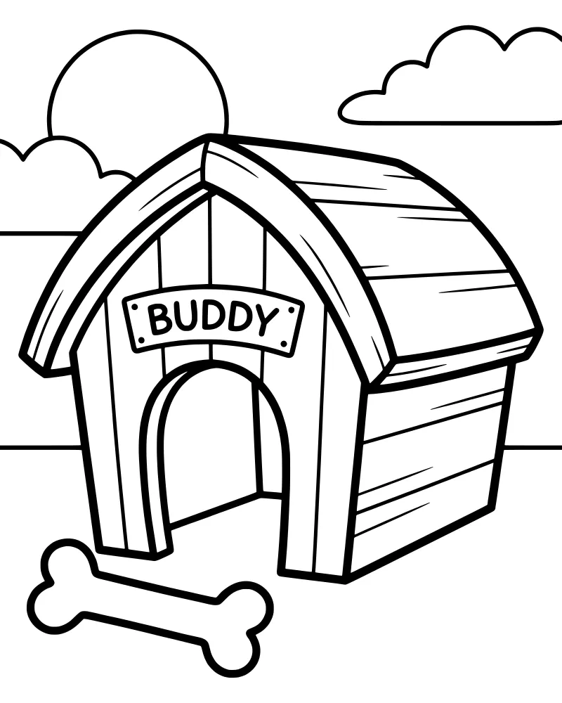 A cartoon dog house with a sign reading Buddy, a large bone on the grass, and a smiling sun with clouds in the sky.