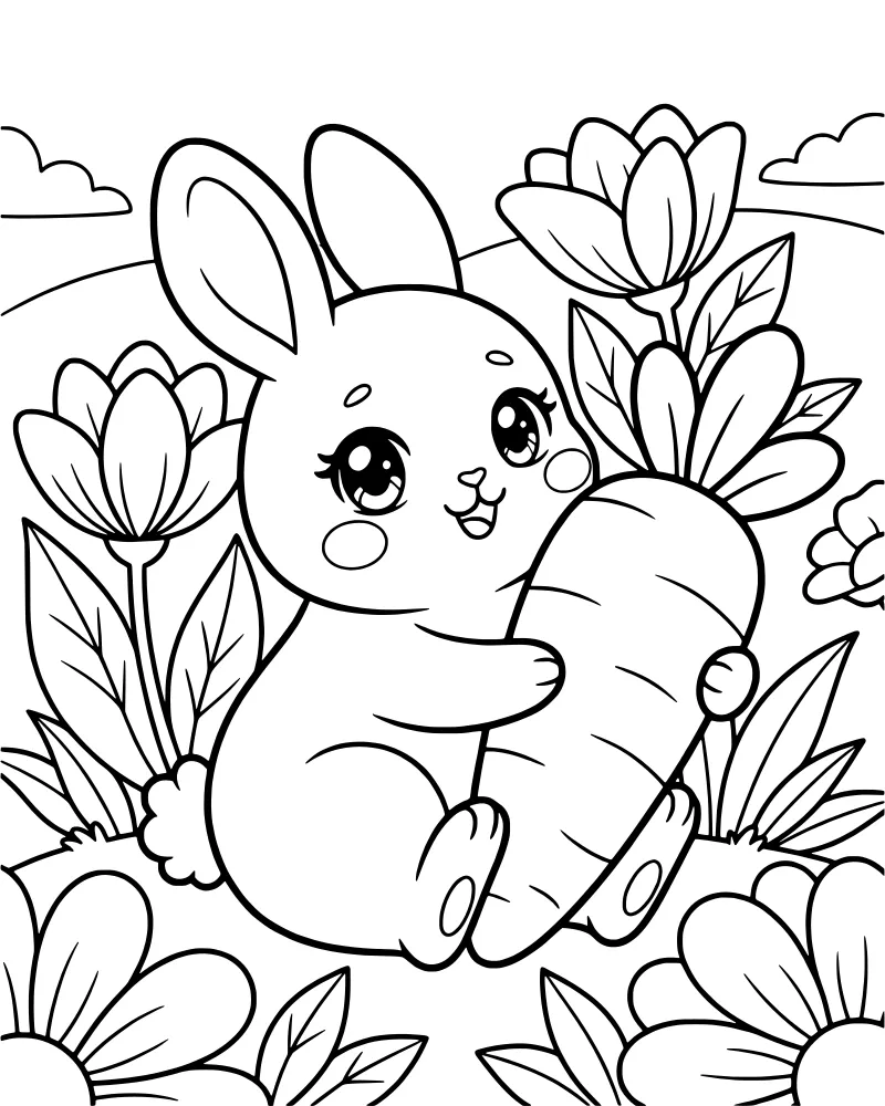 A cartoon bunny sitting in a field of flowers holding a large carrot with hills and clouds in the background.