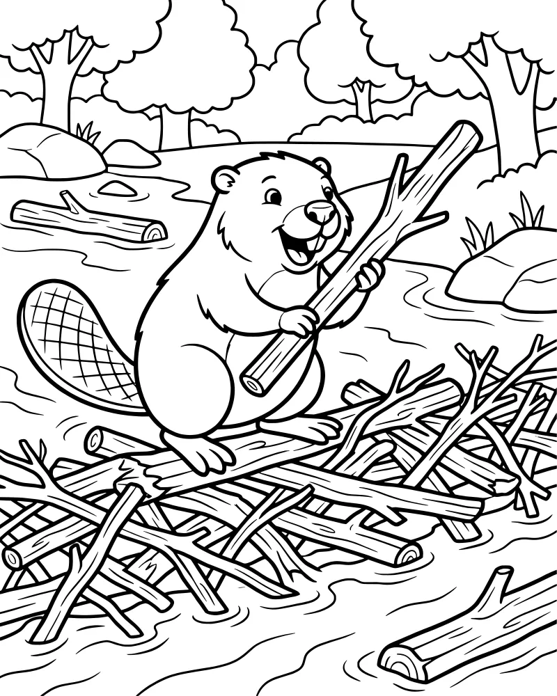 A cartoon beaver standing in a river holding a log next to a pile of wood with trees and rocks in the background.