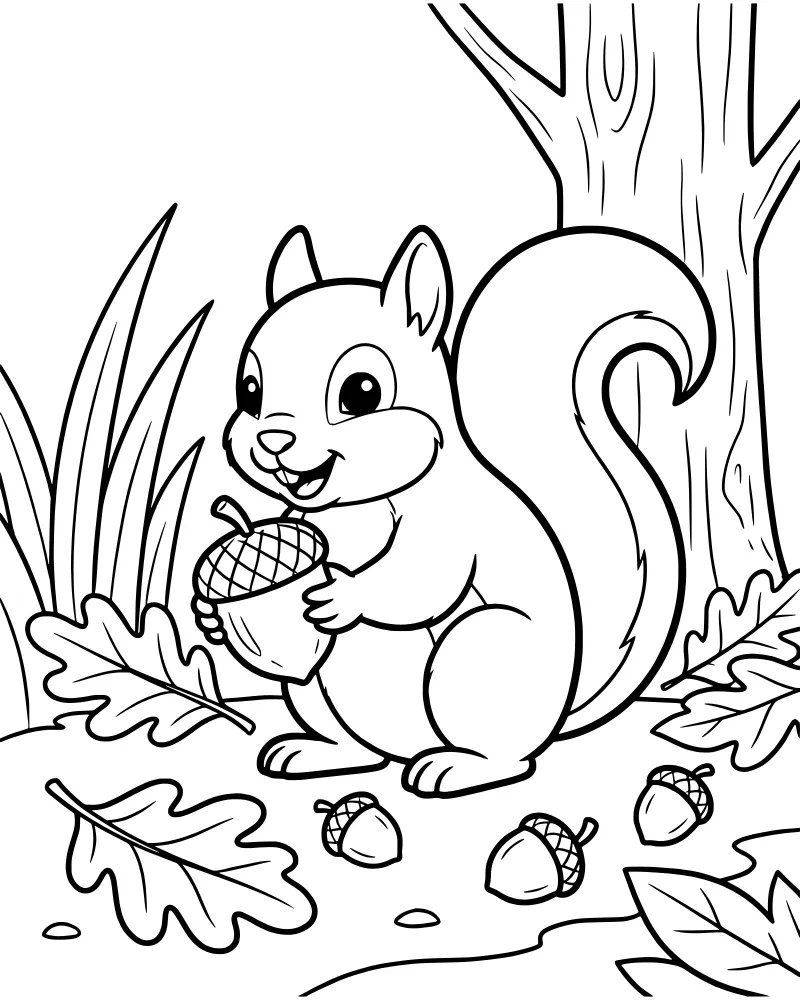 A cartoon squirrel holding an acorn while sitting on a forest floor covered in oak leaves and grass near a tree trunk.