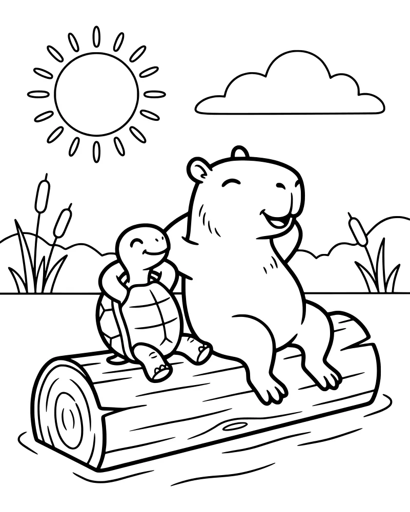 A cartoon capybara and a turtle sitting together on a floating log in a river under a bright sun.