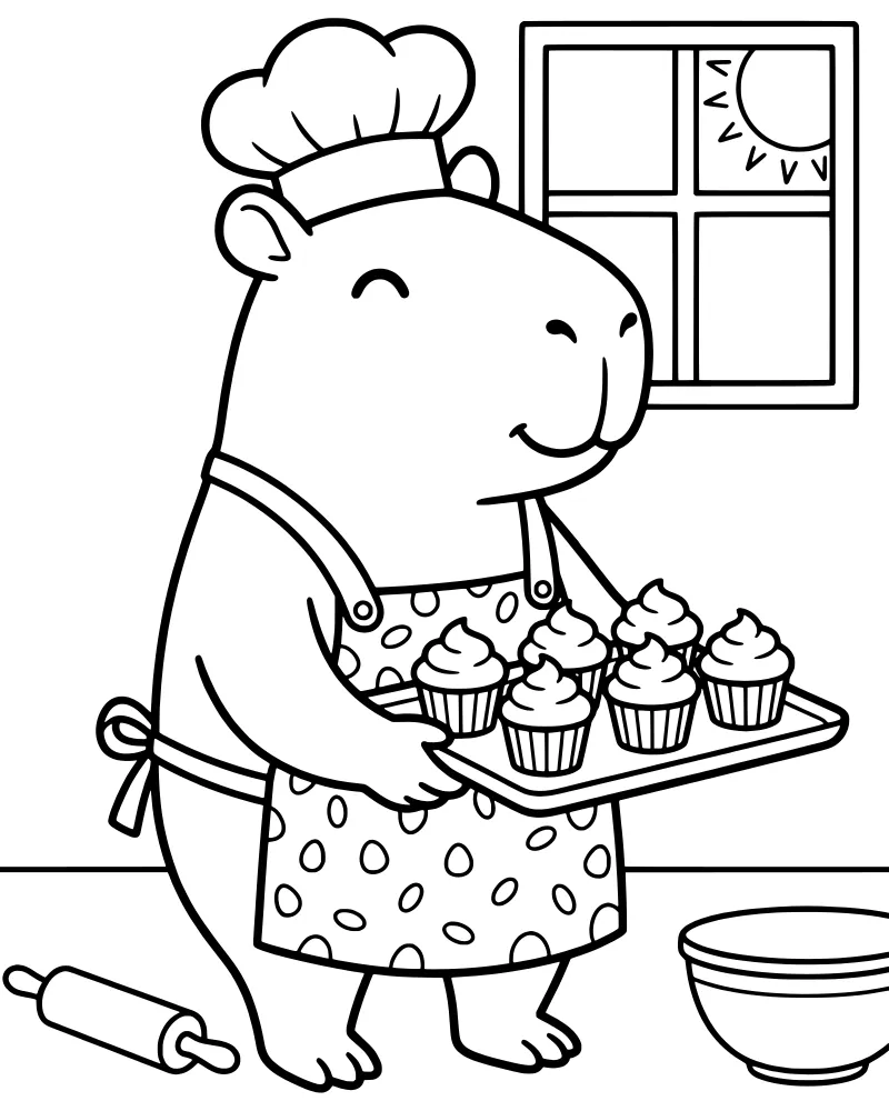A cartoon capybara wearing a chef hat and apron holds a tray of cupcakes in a kitchen with a sunny window, mixing bowl, and rolling pin.