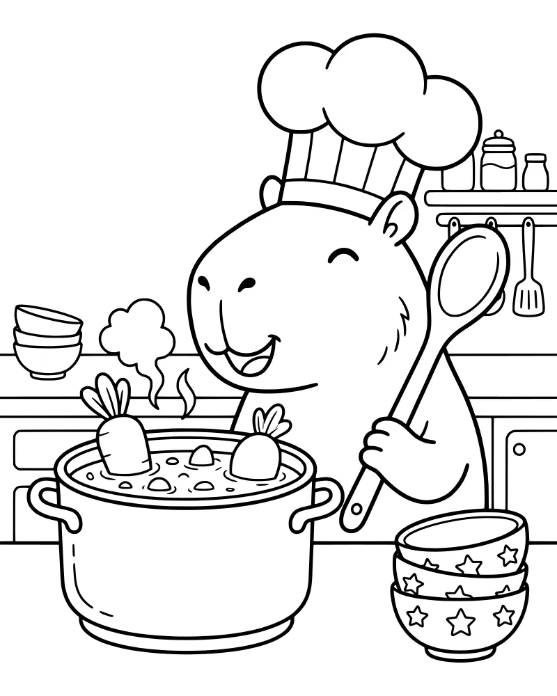 A cartoon capybara wearing a chef hat stirs a large pot of soup containing carrots in a detailed kitchen with shelves and bowls.