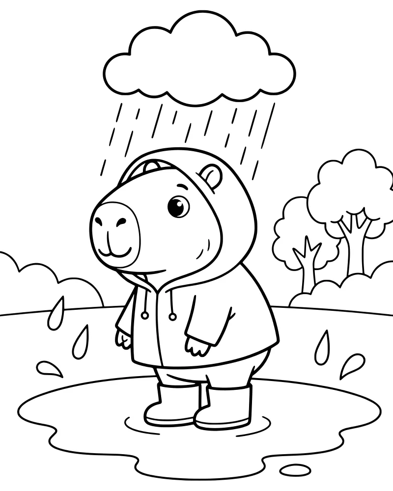 A cartoon capybara wearing a hooded raincoat and rain boots standing in a puddle with trees and a rain cloud in the background.