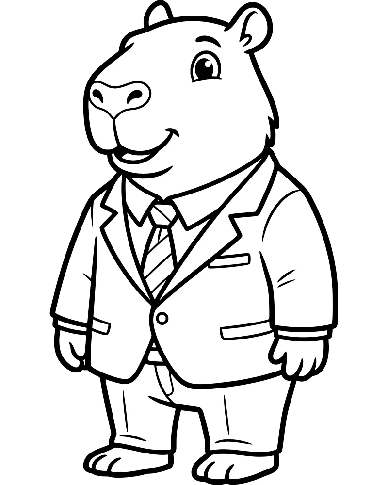 A cartoon capybara standing upright wearing a professional suit jacket, tie, trousers, and dress shoes.