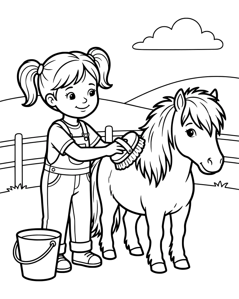 A cartoon girl with a ponytail and overalls using a brush to groom a pony's mane in a field with a fence and hills.