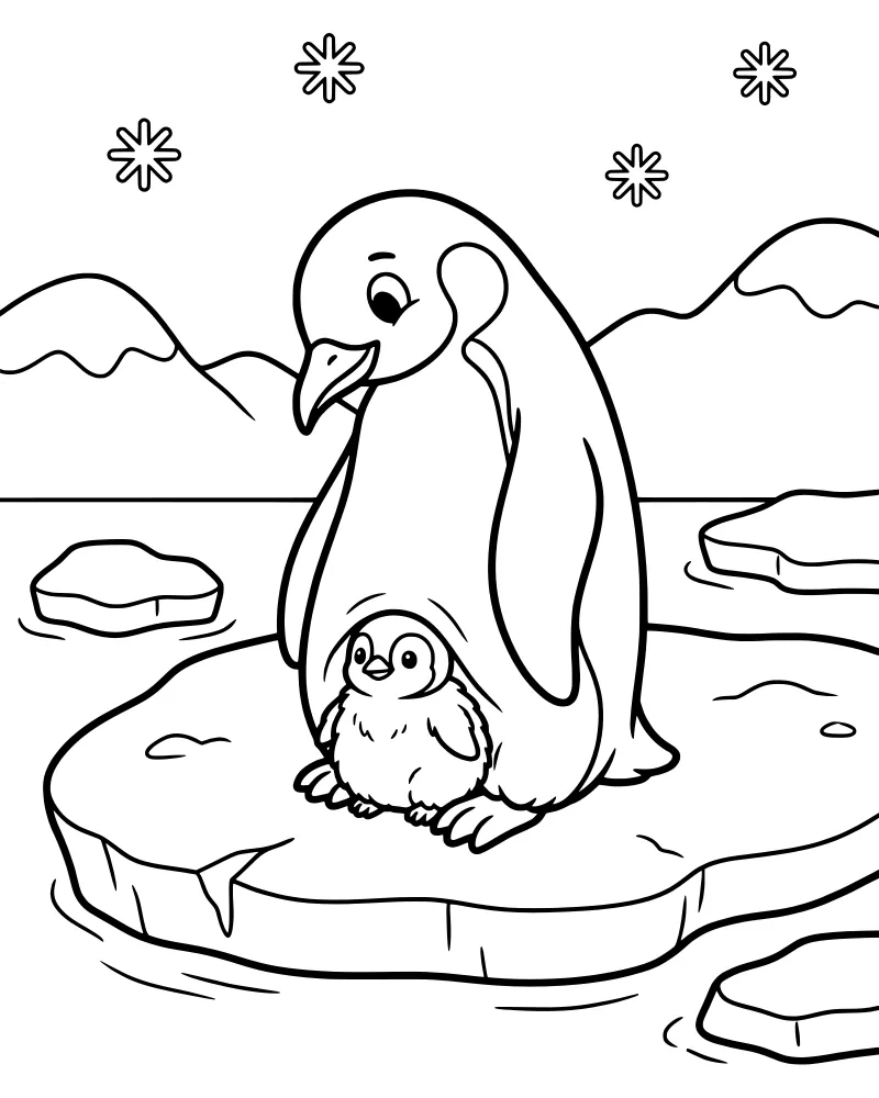 An adult penguin and a small chick standing on a flat ice floe with icebergs and snowy mountains in the background.