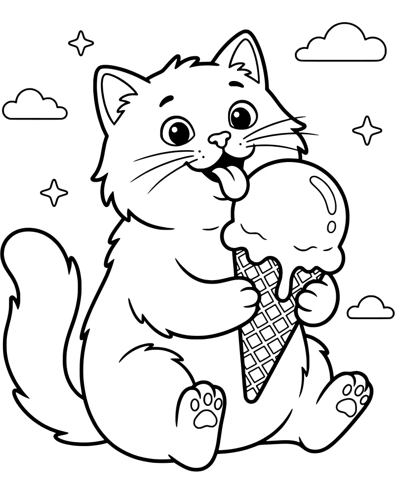 A cartoon cat sitting and holding a large ice cream cone surrounded by fluffy clouds and small stars.