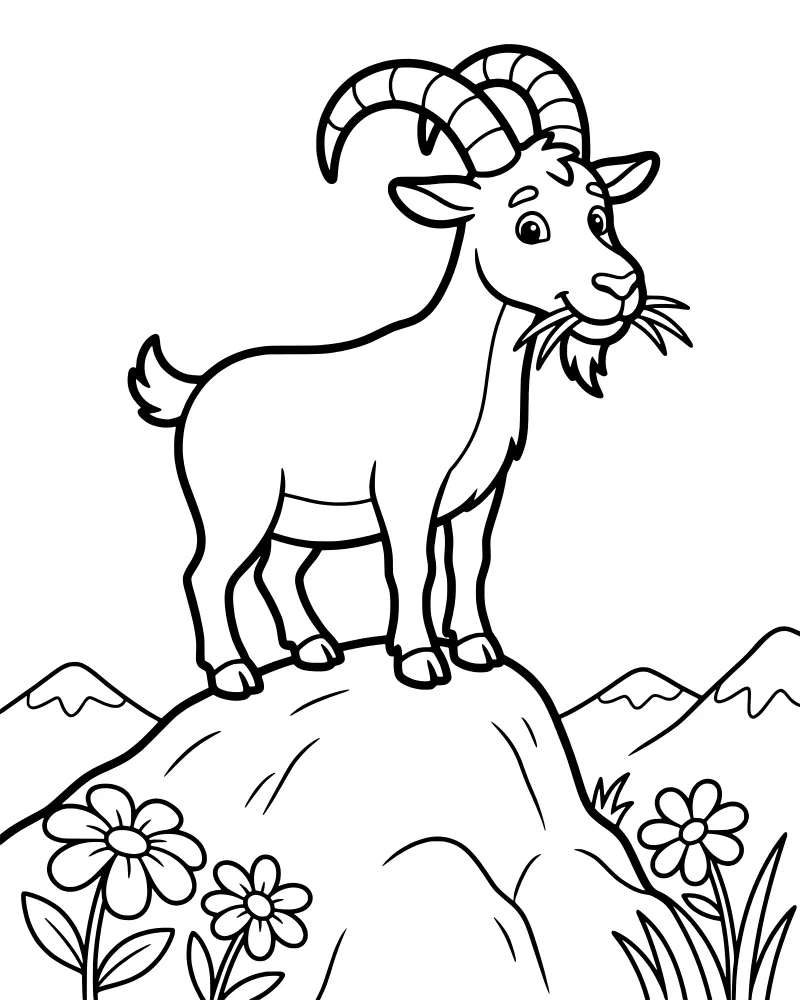 A cartoon goat with horns standing on a rock eating grass with mountains and flowers in the background.