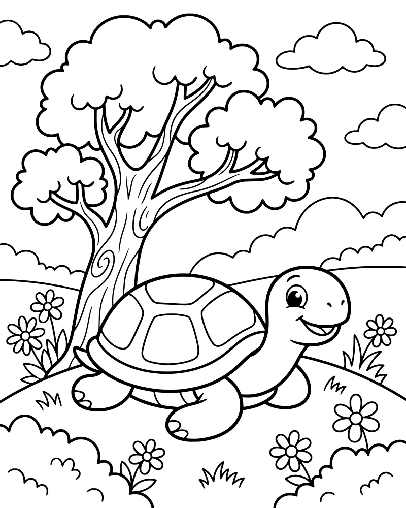 A cartoon turtle smiling in a grassy meadow with a large tree and clouds in the background.