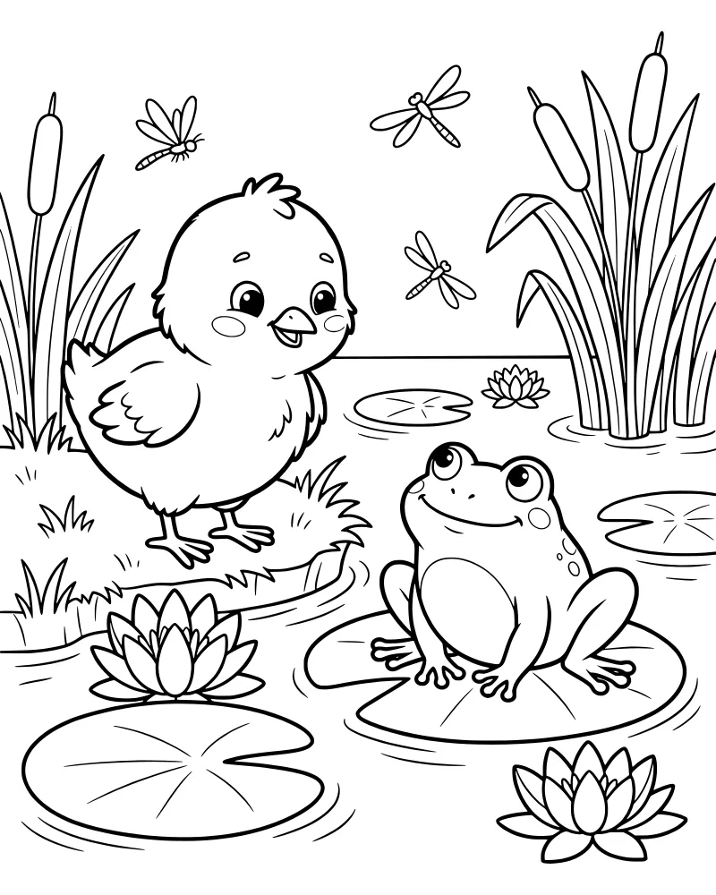 A cartoon baby chick on a grassy bank looking at a frog sitting on a lily pad in a pond with cattails and dragonflies.