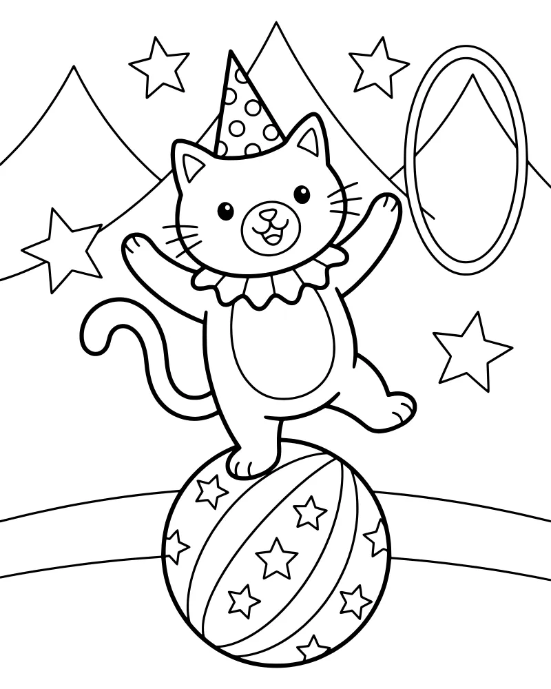 A cartoon cat wearing a party hat and ruffled collar balancing on a large ball with stars and mountains in the background.