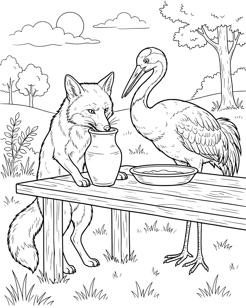 A cartoon fox and a stork sitting at a wooden table in a forest with a tall jug, a bowl, and a bright sun in the sky.