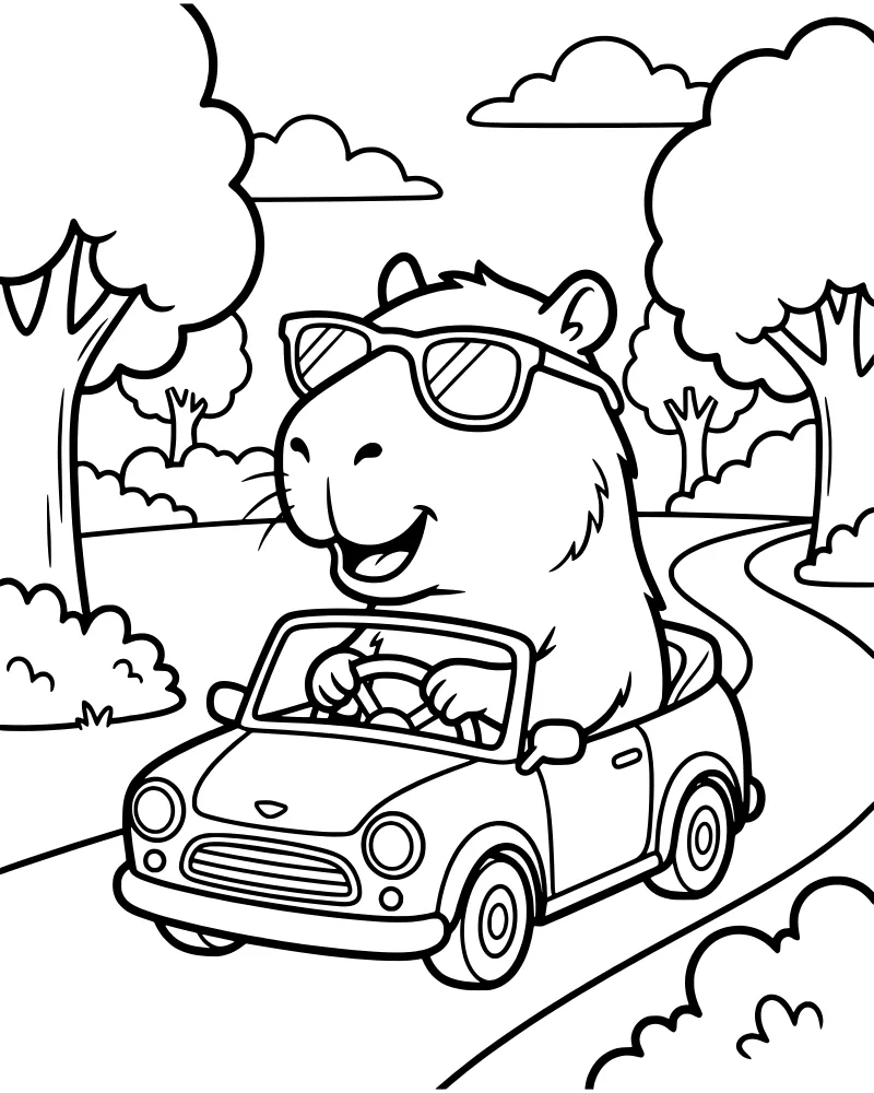 A cool capybara wearing sunglasses driving a convertible car on a winding road through a forest with clouds in the sky.