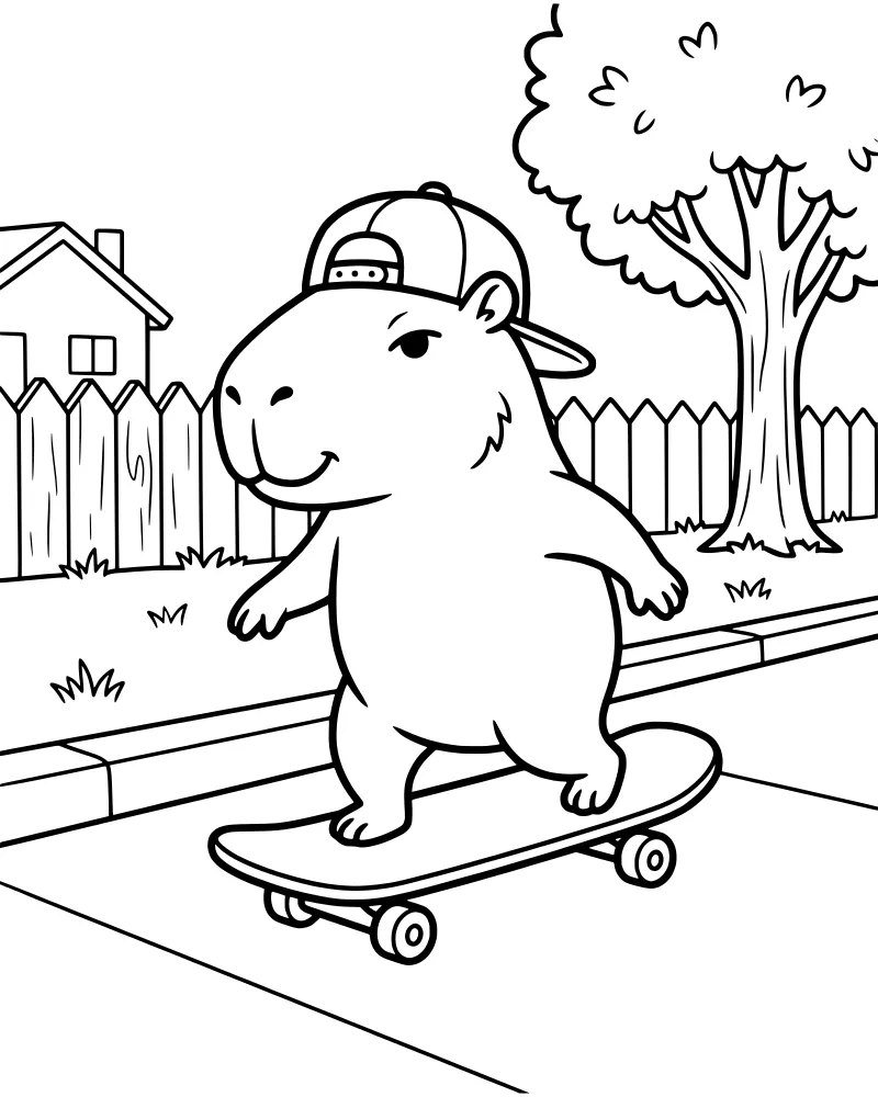 A cartoon capybara wearing a baseball cap while riding a skateboard on a suburban sidewalk near a house and tree.