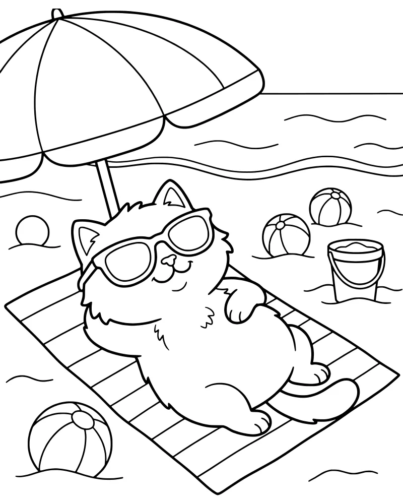 A cartoon cat wearing sunglasses sits on a towel under a beach umbrella with a beach ball and bucket nearby.