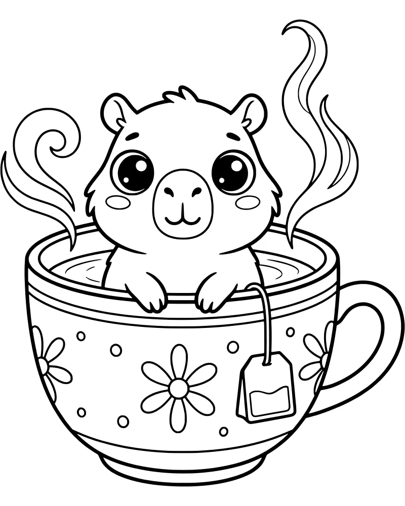 A cartoon capybara sitting inside a large teacup with steam, a tea bag, and surrounding flowers.