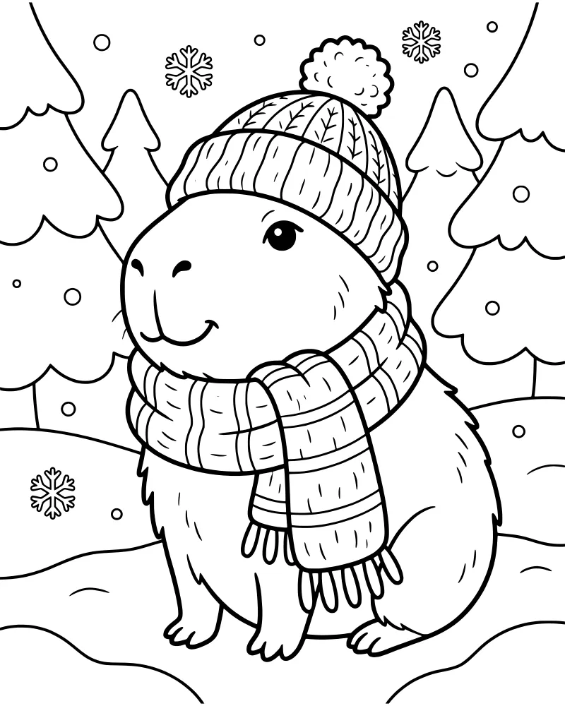 A cartoon capybara wearing a knitted hat with a pom-pom and a scarf sitting in the snow with evergreen trees and snowflakes.