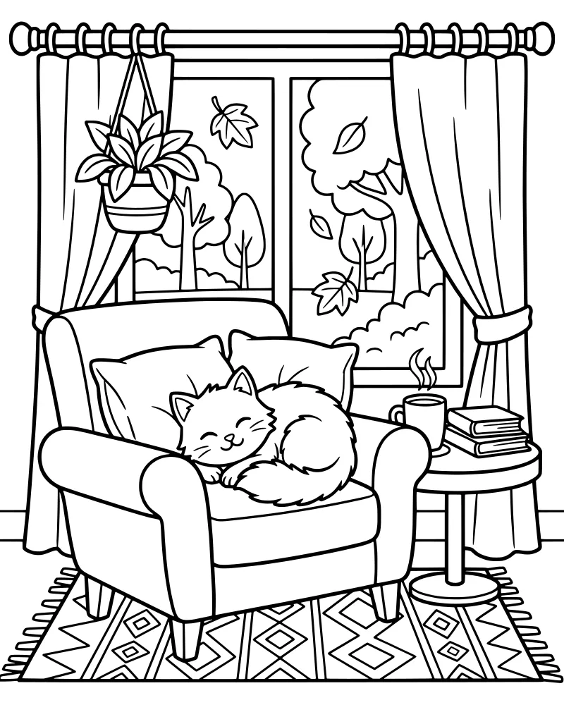 A cartoon cat sleeping in a plush armchair next to a window showing falling autumn leaves and a steaming mug on a table.