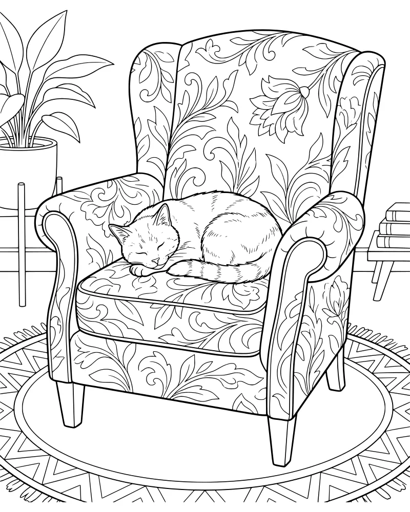 A cartoon cat sleeping peacefully on a patterned armchair next to a potted plant and a stack of books on a geometric rug.