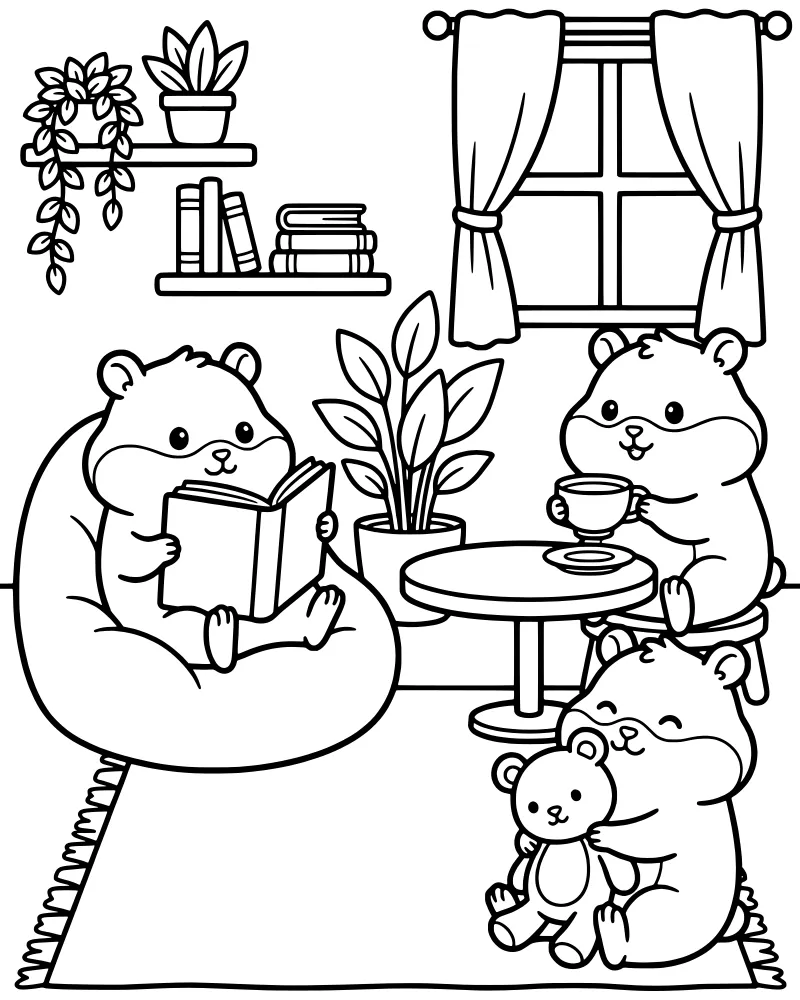 Three cartoon hamsters in a cozy room with a bookshelf, window plants, and one hamster reading on a beanbag.