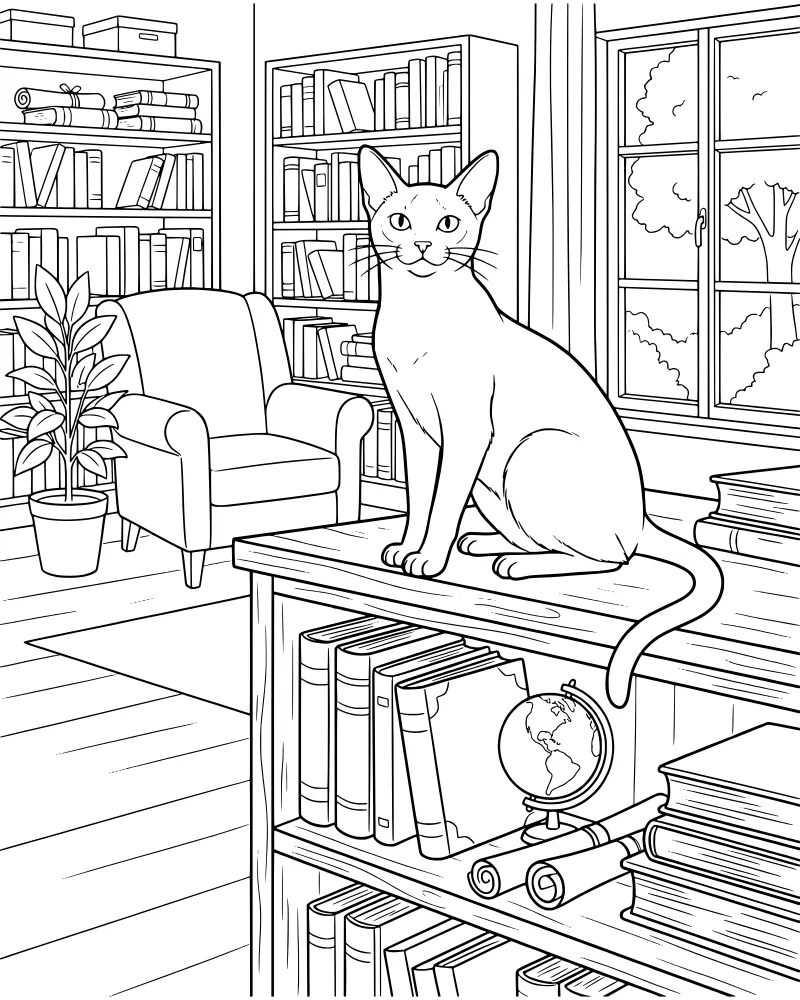 A cartoon cat sitting on top of a bookshelf in a room with an armchair, globe, and window.