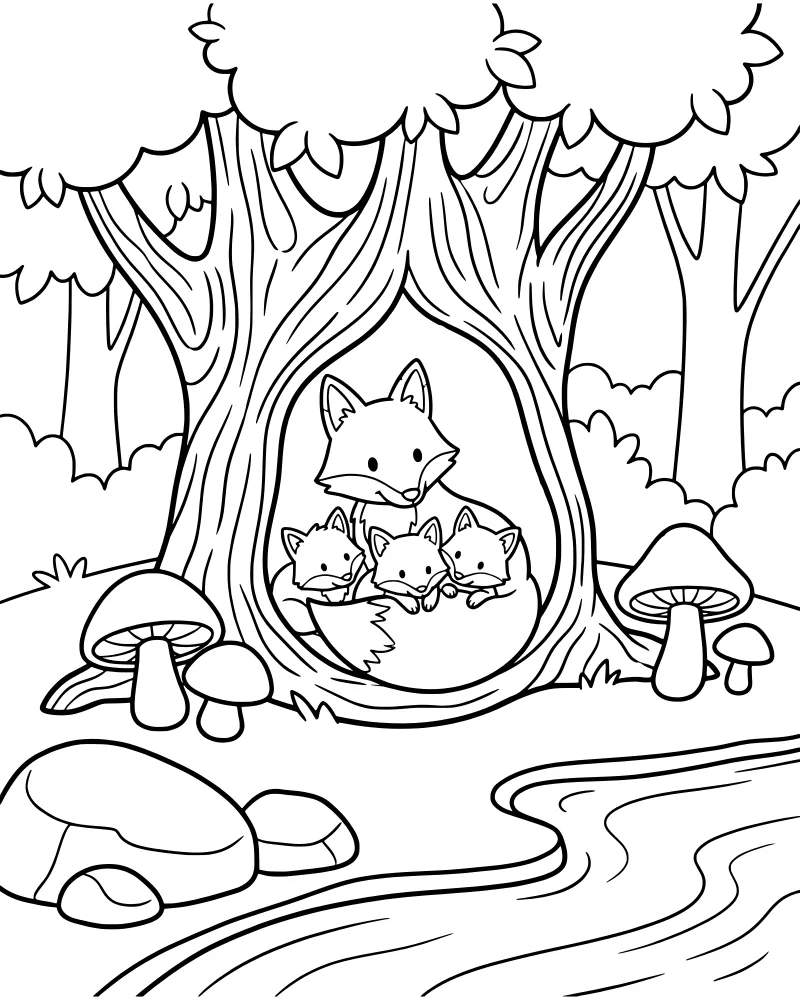 A mother fox and three kits resting inside a hollow tree trunk in a forest near a river with mushrooms and rocks.