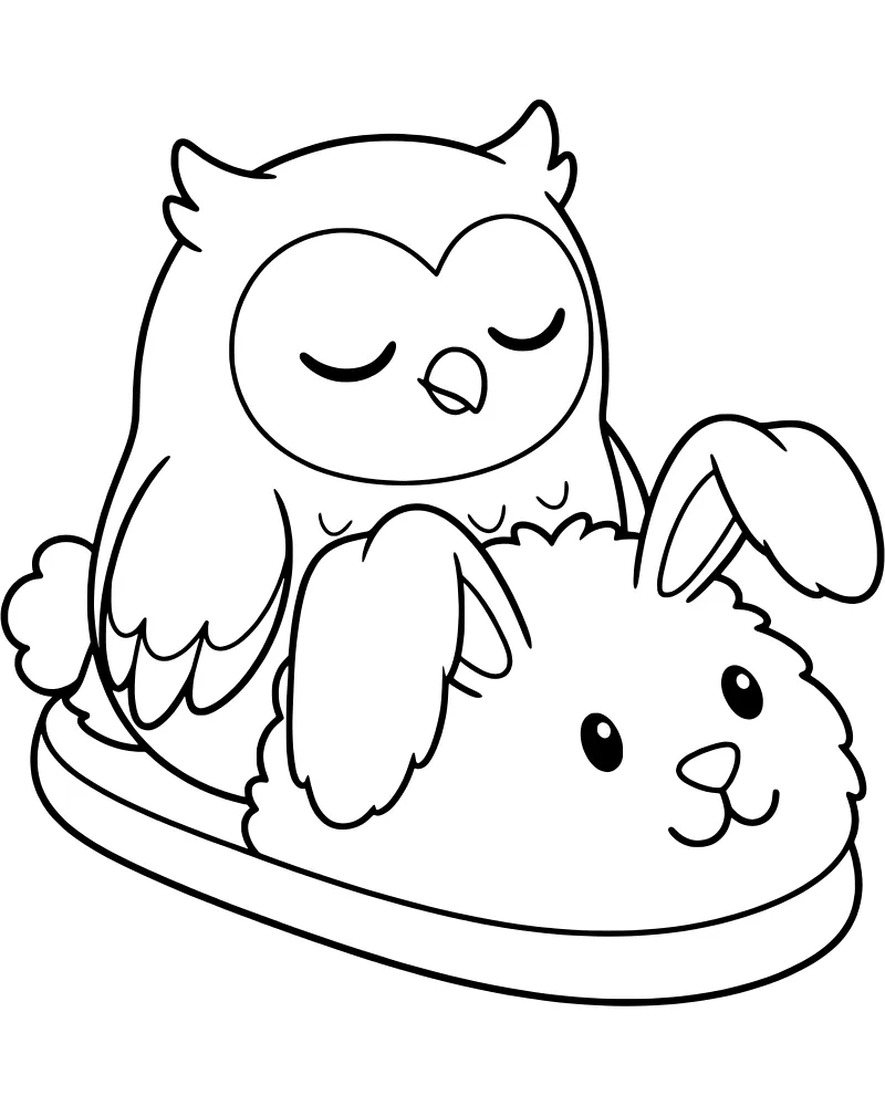 A cartoon owl with closed eyes resting on a fluffy bunny slipper with long ears.