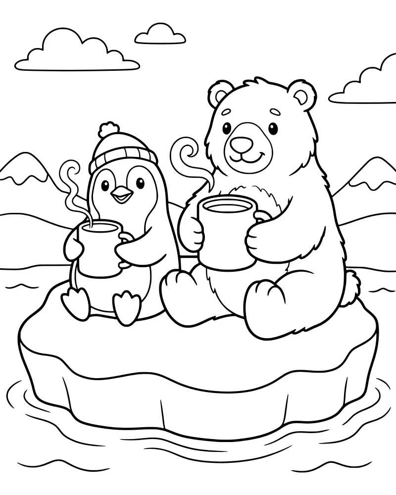 Cartoon polar bear and penguin sitting on an ice floe holding steaming mugs with mountains in the background.