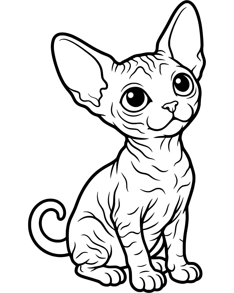 A cartoon line drawing of a sitting Sphynx cat with large ears, big eyes, and wrinkled skin.