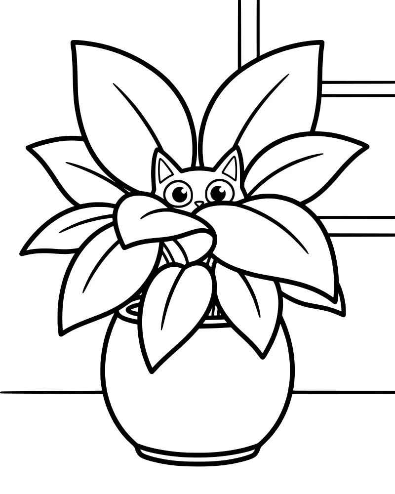 A cartoon cat peeks out from behind the large leaves of a potted plant sitting on a windowsill.