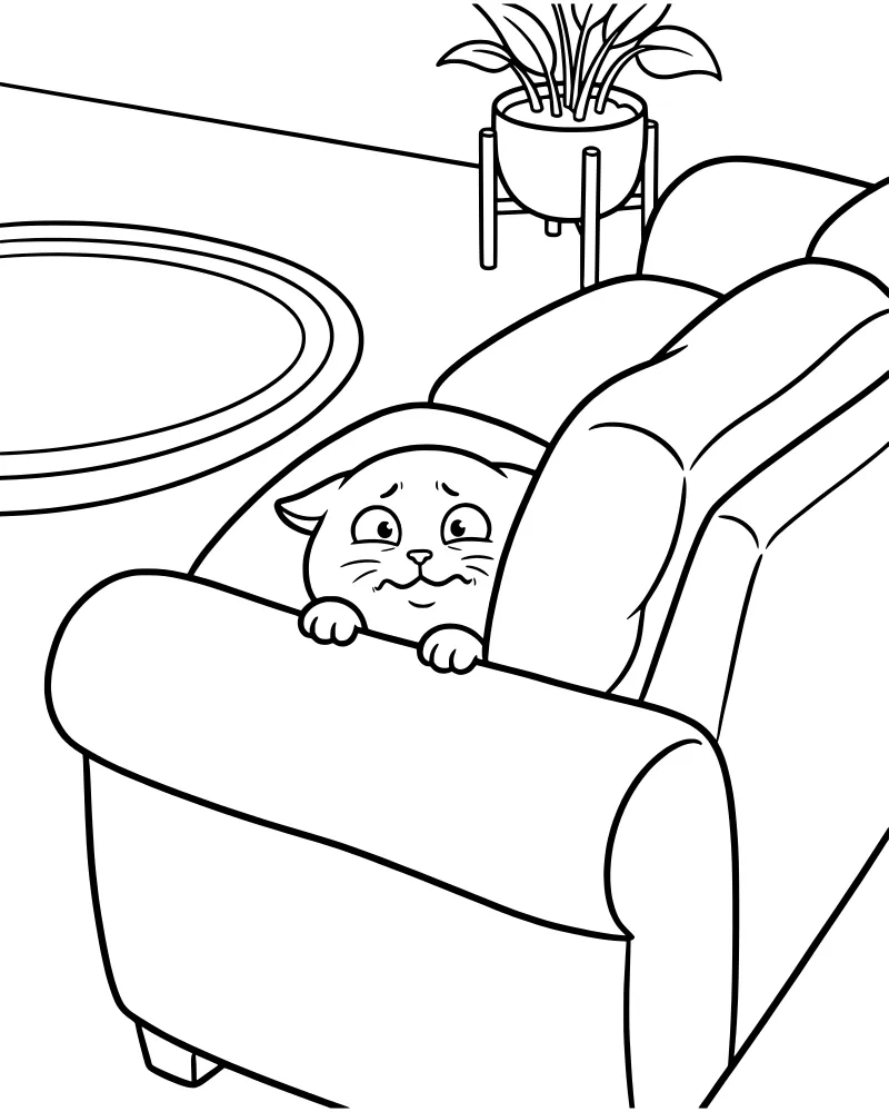 A cartoon cat with large eyes peeking over the armrest of a sofa next to a potted plant.