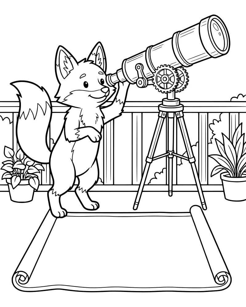 A cartoon fox peering through a telescope on a balcony surrounded by potted plants and gears.