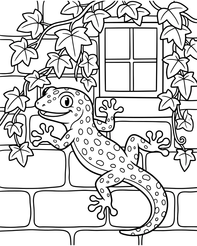 A cartoon gecko with spots climbs a brick wall next to a window surrounded by ivy vines and leaves.