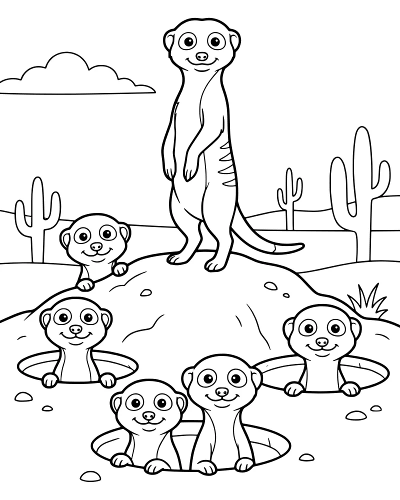 A cartoon meerkat stands on a mound while five other meerkats peek out of holes in a desert with cacti and a cloud.