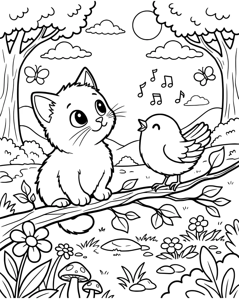 A cartoon cat looking up at a bird singing on a tree branch with musical notes, flowers, and butterflies.