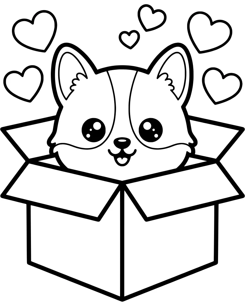 A cartoon puppy with large eyes peeking out of a cardboard box surrounded by several floating hearts.