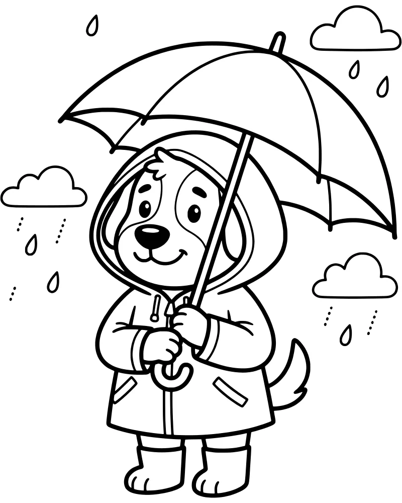 A cartoon dog wearing a raincoat and boots holds an umbrella while raindrops fall from clouds.