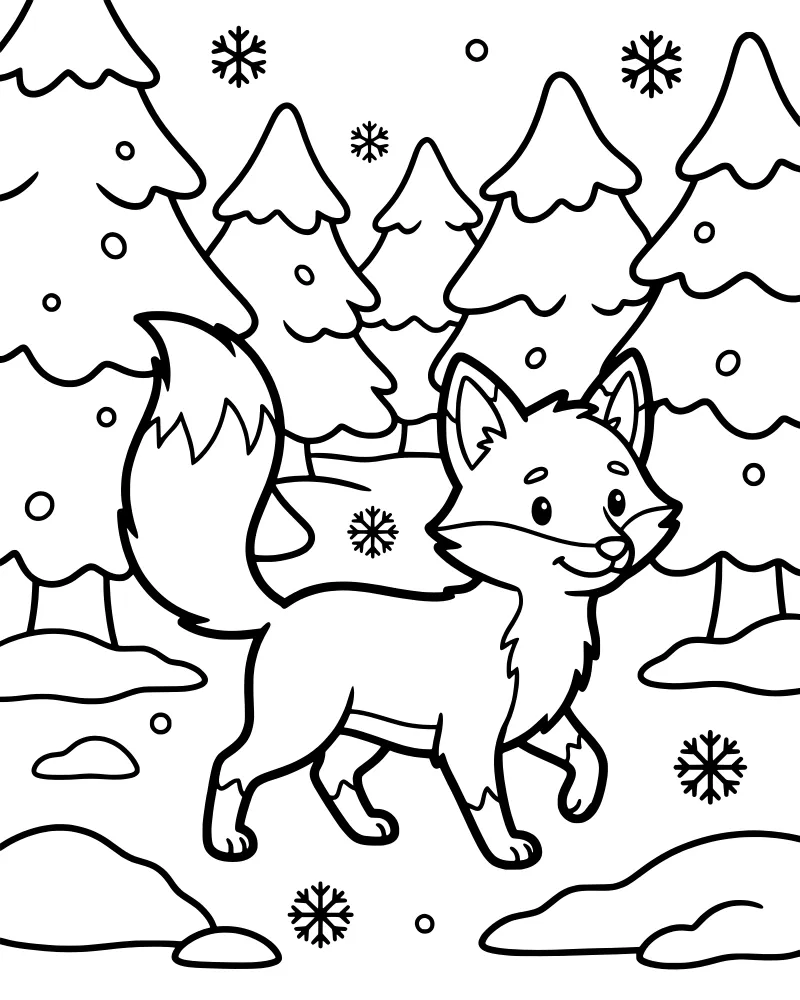 A cartoon fox walks through a forest of snowy pine trees while large snowflakes fall from the sky.