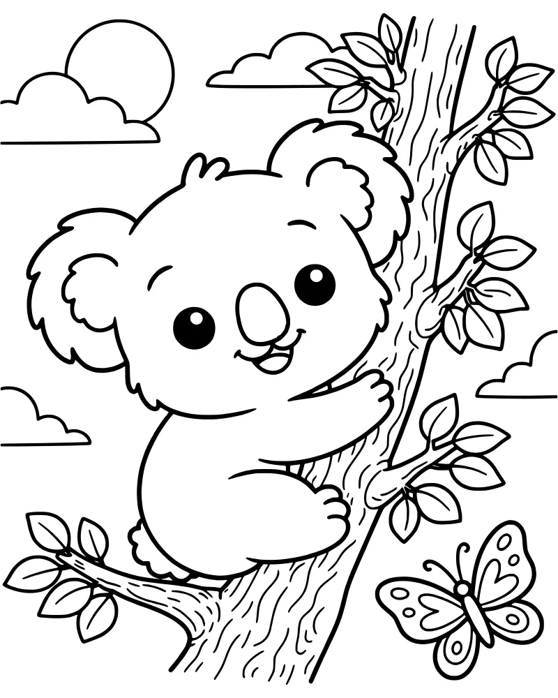 A cartoon koala climbing a tree with a butterfly, sun, and clouds in the background.